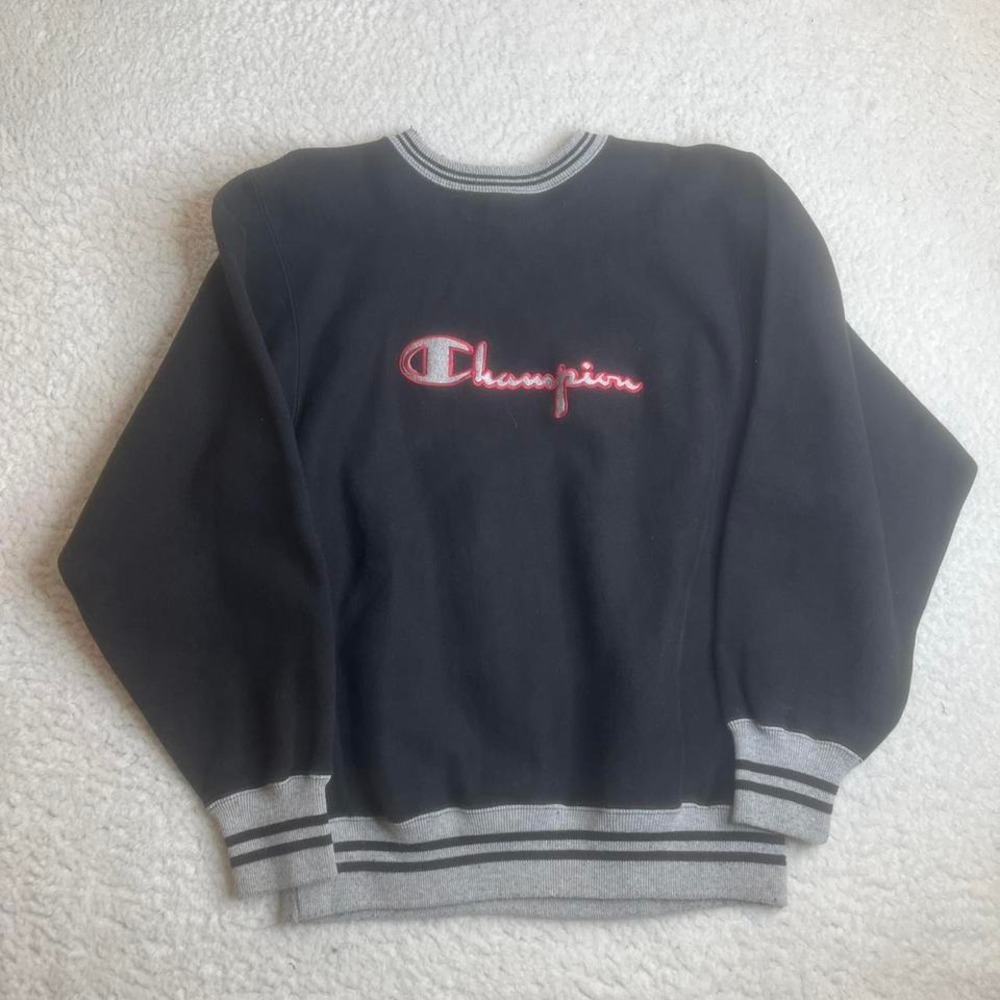 Vintage champion reverse‎ weave spell out logo embroidered men black crew neck L